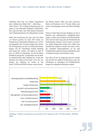 „ B R A S I L I E N – E I N L U K R A T I V E R M A R K T F Ü R D E U T S C H E F I R M E N “
13
schließlich beim Bau von billigen Eigenheimen
aktiv („Minha Casa, Minha Vida“ – „Mein Haus,
Mein Leben“). Wie wichtig der Regierung das An-
liegen ist, die industrielle Produktion wiederzubele-
ben, zeigt sich darin, dass selbst kleinste Anzeichen
einer Entspannung bereits als Erfolg gefeiert werden.
Neben den Investitionen hat man auch eine Reihe
von Steuern gesenkt. Im April 2013 konnte ein
Wachstum der industriellen Produktion um 1,8 Pro-
zent gegenüber dem Vormonat ausgewiesen werden.
Für die Regierung war dies ein Erfolg ihrer Bemü-
hungen. Für die Unternehmer bestand allerdings
kein Grund zum Jubeln. „Wir hatten im April 22
statt wie üblich 20 Arbeitstage, was für die höhere
Produktion gesorgt hat“, kommentierte der als Kriti-
ker bekannte Paulo Skaf, Präsident des „Centro das
Indústrias do Estado de São Paulo“ sowie der „Fe-
deração das Indústrias do Estado de São
Paulo“ (CIESP und FIESP). Rechne man die letzten
drei Monate Februar, März und April zusammen,
bliebe ein Wachstum von 0,1 Prozent. Daher seien
weitere Anstrengungen seitens der Politik unabding-
bar.
Nicht nur Paulo Skaf und seine Kollegen aus den in
Brasilien sehr einflussreichen Arbeitgebervereini-
gungen, sondern auch Analysten und Wirtschaftsfor-
scher sind sich darin einig, dass die Produktivität der
brasilianischen Industrie durch massive Investitio-
nen wieder flottgemacht werden muss. Dabei muss
innerhalb der Industrie zwischen der immer wichti-
ger werdenden Fahrzeugindustrie (zu der auch
Landmaschinen gehören) und den gebündelten ande-
ren Industriezweigen unterschieden werden.
Wie schon oft hat die Regierung (man hat schließ-
lich den Ruf des größten Protektionisten unter den
G20-Staaten zu verteidigen) mit Einfuhrbeschrän-
kungen für ausländische Maschinen reagiert.
Abbildung 7: Einfuhr von Maschinen nach Brasilien 2012 (Angaben in Mio. US-Dollar) Quelle: ABIMAQ,
MDIC
 