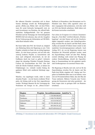 „ B R A S I L I E N – E I N L U K R A T I V E R M A R K T F Ü R D E U T S C H E F I R M E N “
24
Bei näherem Hinsehen versteckten sich in dieser
Summe allerdings sowohl das Wohnungsbaupro-
gramm „Minha casa, Minha vida“, mit dem Wohn-
raum für sozial Schwache bereitgestellt wird, als
auch Investitionen von Petrobras, der offiziell halb-
staatlichen Erdölgesellschaft. Erst bei genauem
Hinsehen (auf der Homepage der Entwicklungsbank
BNDES) ließ sich erkennen, dass sich die Ausgaben
für die Verbesserung der Infrastruktur auf 380 Milli-
arden Reais belaufen sollen.
Bis heute haftet dem PAC der Geruch an, lediglich
eine Marketing-Aktion der Regierung zu sein. Viele
Projekte verlaufen im Sand, ehe sie richtig begonnen
haben. „Es wäre besser gewesen, sich auf zehn oder
zwanzig konkrete Projekte zu konzentrieren und
diese auch erfolgreich abzuwickeln, als mit der
Gießkanne durch das Land zu gehen“, kritisierte
jüngst der ehemalige Präsident Fernando Henrique
Cardoso die Zwischenbilanz des PAC. Hier darf
nicht der falsche Eindruck entstehen, es kämen nur
Fehlplanungen vor, vielmehr wurden bislang die
geplanten Mittel nicht annähernd überhaupt ange-
fordert.
Manches, was angefangen wurde, endet in einem
absurden Projekt – wie die bereits erwähnten Wind-
parks, die bislang nicht an das Netz angeschlossen
wurden. Wichtiger Baustein für die Versorgung des
Nordostens mit Energie ist die „Abreu-e-Lima“-
Raffinerie in Pernambuco, dem Heimatstaat von Ex-
Präsident Lula. Diese sollte eigentlich schon seit
dem vergangenen Jahr produzieren, wird aber wohl
erst 2014 den Betrieb aufnehmen. Dafür haben sich
die Kosten inzwischen verachtfacht.
Fast schon ein Evergreen ist in diesem Zusammen-
hang der „Trém Bala“ (wörtlich übersetzt „Pistolen-
kugelzug“; mit dem Namen soll auf die Geschwin-
digkeit angespielt werden), jene Schnellzugverbin-
dung zwischen Rio de Janeiro und São Paulo, deren
Aufbau seit nunmehr 20 Jahren immer wieder in den
staatlichen Investitonsprogrammen auftaucht. Auch
Anfang 2013, als von der Regierung Anreize zum
Wachstum der Wirtschaft gefordert worden, stand
die Zugverbindung wieder auf dem Plan. Bislang
existiert allerdings nicht einmal eine Planung der
exakten Streckenführung, obwohl die Zugverbin-
dung in Zusammenhang mit den geplanten sportli-
chen Großereignissen von enormem Nutzen wäre.
Die Regierung in Brasilia ziert sich, weil sie für die
Zugverbindung zwischen Rio de Janeiro und São
Paulo kein Risiko eingehen will. Analog zum Vor-
gehen im Straßenbau hätte man es am liebsten, wenn
sich ein Privatunternehmen fände, dass den Bau der
Trasse realisierte. Mehrere Versuche einer Verstei-
gerung der Konzession sind schon gescheitert – der
letzte wegen einer zu geringen Zahl von Bieterun-
ternehmen.
Region Projekte Investitionssumme Anteil in %
Norden 7 1.520.000.000,00 5,1
Nordosten 21 5.100.274.509,09 17,0
Zentral-Westen 14 163.814.945,45 0,5
Südosten 230 22.795.240.981,82 75,8
Süden 23 495.698.581,82 1,6
Gesamt 295 30.075.029.018,18 100,0
Abbildung 12: Investitionen in die industrielle Infrastruktur 2011-2016 Quelle: Grande Construcçoes
 