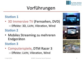 Vorführungen	
  
Sta4on	
  1	
  
•  3D	
  Immersive	
  TV	
  (Fernsehen,	
  DVD)	
  
– Eﬀekte:	
  3D,	
  Licht,	
  VibraAon,	
  Wind	
  
Sta4on	
  2	
  
•  Mobiles	
  Streaming	
  zu	
  mehreren	
  
Endgeräten	
  
Sta4on	
  3	
  
•  Computerspiele,	
  DTM	
  Racer	
  3	
  
– Eﬀekte:	
  Licht,	
  VibraAon,	
  Wind	
  
4.	
  April	
  2014	
   #LNDF,	
  Immersive	
  Social	
  Television	
   8	
  
 