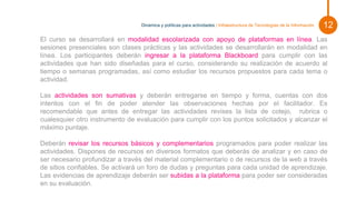 Pie de foto.
El curso se desarrollará en modalidad escolarizada con apoyo de plataformas en línea. Las
sesiones presenciales son clases prácticas y las actividades se desarrollarán en modalidad en
línea. Los participantes deberán ingresar a la plataforma Blackboard para cumplir con las
actividades que han sido diseñadas para el curso, considerando su realización de acuerdo al
tiempo o semanas programadas, así como estudiar los recursos propuestos para cada tema o
actividad.
Las actividades son sumativas y deberán entregarse en tiempo y forma, cuentas con dos
intentos con el fin de poder atender las observaciones hechas por el facilitador. Es
recomendable que antes de entregar las actividades revises la lista de cotejo, rubrica o
cualesquier otro instrumento de evaluación para cumplir con los puntos solicitados y alcanzar el
máximo puntaje.
Deberán revisar los recursos básicos y complementarios programados para poder realizar las
actividades. Dispones de recursos en diversos formatos que deberás de analizar y en caso de
ser necesario profundizar a través del material complementario o de recursos de la web a través
de sitios confiables. Se activará un foro de dudas y preguntas para cada unidad de aprendizaje.
Las evidencias de aprendizaje deberán ser subidas a la plataforma para poder ser consideradas
en su evaluación.
Dinámica y políticas para actividades | Infraestructura de Tecnologías de la Información 12
 