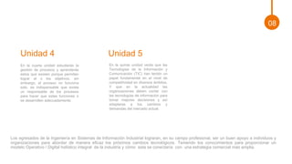 Unidad 4
En la cuarta unidad estudiarás la
gestión de procesos y aprenderás
estos que existen porque permiten
lograr el o los objetivos, sin
embargo, el proceso no funciona
solo, es indispensable que exista
un responsable de los procesos
para hacer que estas funciones o
se desarrollen adecuadamente.
Los egresados de la Ingeniería en Sistemas de Información Industrial lograran, en su campo profesional, ser un buen apoyo a individuos y
organizaciones para abordar de manera eficaz los próximos cambios tecnológicos. Teniendo los conocimientos para proporcionar un
modelo Operativo / Digital holístico integral de la industria y cómo esta se conectaría con una estrategia comercial más amplia.
Unidad 5
En la quinta unidad verás que las
Tecnologías de la Información y
Comunicación (TIC) han tenido un
papel fundamental en el nivel de
competitividad en diversos ámbitos.
Y que en la actualidad las
organizaciones deben contar con
las tecnologías de información para
tomar mejores decisiones y así
adaptarse a los cambios y
demandas del mercado actual.
08
 