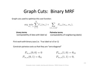Graph	
  Cuts:	
  	
  Binary	
  MRF	
  
Unary	
  terms	
  
	
  (compatability	
  of	
  data	
  with	
  label	
  w)	
  
Pairwise	
  terms	
  
	
  (compatability	
  of	
  neighboring	
  labels)	
  
Graph	
  cuts	
  used	
  to	
  opOmise	
  this	
  cost	
  funcOon:	
  
First	
  work	
  with	
  binary	
  case	
  (i.e.	
  	
  True	
  label	
  w	
  is	
  0	
  or	
  1)	
  
	
  
Constrain	
  pairwise	
  costs	
  so	
  that	
  they	
  are	
  “zero-­‐diagonal”	
  	
  
Computer	
  vision:	
  models,	
  learning	
  and	
  inference.	
  	
  ©2011	
  Simon	
  J.D.	
  Prince	
  
115	
  
 