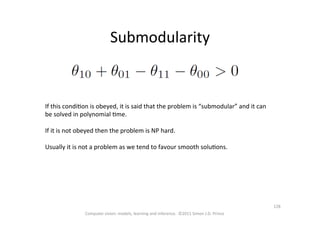 Submodularity	
  
If	
  this	
  condiOon	
  is	
  obeyed,	
  it	
  is	
  said	
  that	
  the	
  problem	
  is	
  “submodular”	
  and	
  it	
  can	
  
be	
  solved	
  in	
  polynomial	
  Ome.	
  
	
  
If	
  it	
  is	
  not	
  obeyed	
  then	
  the	
  problem	
  is	
  NP	
  hard.	
  
	
  
Usually	
  it	
  is	
  not	
  a	
  problem	
  as	
  we	
  tend	
  to	
  favour	
  smooth	
  soluOons.	
  	
  
Computer	
  vision:	
  models,	
  learning	
  and	
  inference.	
  	
  ©2011	
  Simon	
  J.D.	
  Prince	
  
128	
  
 
