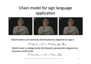 Chain	
  model	
  for	
  sign	
  language	
  
applicaOon	
  
13	
  Computer	
  vision:	
  models,	
  learning	
  and	
  inference.	
  	
  ©2011	
  Simon	
  J.D.	
  Prince	
  
ObservaOons	
  are	
  normally	
  distributed	
  but	
  depend	
  on	
  sign	
  k	
  
World	
  state	
  is	
  categorically	
  distributed,	
  parameters	
  depend	
  on	
  
previous	
  world	
  state	
  
 