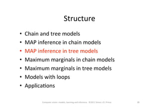 Structure	
  
•  Chain	
  and	
  tree	
  models	
  
•  MAP	
  inference	
  in	
  chain	
  models	
  
•  MAP	
  inference	
  in	
  tree	
  models	
  
•  Maximum	
  marginals	
  in	
  chain	
  models	
  
•  Maximum	
  marginals	
  in	
  tree	
  models	
  
•  Models	
  with	
  loops	
  
•  ApplicaOons	
  
28	
  28	
  Computer	
  vision:	
  models,	
  learning	
  and	
  inference.	
  	
  ©2011	
  Simon	
  J.D.	
  Prince	
  
 