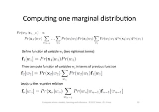 CompuOng	
  one	
  marginal	
  distribuOon	
  
39	
  Computer	
  vision:	
  models,	
  learning	
  and	
  inference.	
  	
  ©2011	
  Simon	
  J.D.	
  Prince	
  
Deﬁne	
  funcOon	
  of	
  variable	
  w1	
  (two	
  rightmost	
  terms)	
  
Then	
  compute	
  funcOon	
  of	
  variables	
  w2	
  in	
  terms	
  of	
  previous	
  funcOon	
  	
  
Leads	
  to	
  the	
  recursive	
  relaOon	
  	
  
 