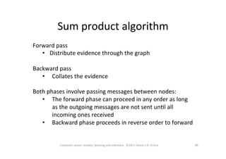 Sum	
  product	
  algorithm	
  
48	
  Computer	
  vision:	
  models,	
  learning	
  and	
  inference.	
  	
  ©2011	
  Simon	
  J.D.	
  Prince	
  
Forward	
  pass	
  
•  Distribute	
  evidence	
  through	
  the	
  graph	
  
	
  
Backward	
  pass	
  
•  Collates	
  the	
  evidence	
  
	
  
Both	
  phases	
  involve	
  passing	
  messages	
  between	
  nodes:	
  
•  The	
  forward	
  phase	
  can	
  proceed	
  in	
  any	
  order	
  as	
  long	
  
as	
  the	
  outgoing	
  messages	
  are	
  not	
  sent	
  unOl	
  all	
  
incoming	
  ones	
  received	
  
•  Backward	
  phase	
  proceeds	
  in	
  reverse	
  order	
  to	
  forward	
  
 