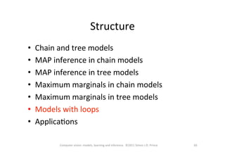 Structure	
  
•  Chain	
  and	
  tree	
  models	
  
•  MAP	
  inference	
  in	
  chain	
  models	
  
•  MAP	
  inference	
  in	
  tree	
  models	
  
•  Maximum	
  marginals	
  in	
  chain	
  models	
  
•  Maximum	
  marginals	
  in	
  tree	
  models	
  
•  Models	
  with	
  loops	
  
•  ApplicaOons	
  
65	
  65	
  Computer	
  vision:	
  models,	
  learning	
  and	
  inference.	
  	
  ©2011	
  Simon	
  J.D.	
  Prince	
  
 