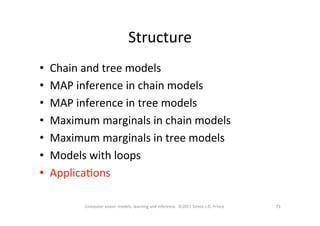 Structure	
  
•  Chain	
  and	
  tree	
  models	
  
•  MAP	
  inference	
  in	
  chain	
  models	
  
•  MAP	
  inference	
  in	
  tree	
  models	
  
•  Maximum	
  marginals	
  in	
  chain	
  models	
  
•  Maximum	
  marginals	
  in	
  tree	
  models	
  
•  Models	
  with	
  loops	
  
•  ApplicaOons	
  
75	
  75	
  Computer	
  vision:	
  models,	
  learning	
  and	
  inference.	
  	
  ©2011	
  Simon	
  J.D.	
  Prince	
  
 