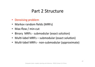 Part	
  2	
  Structure	
  
•  Denoising	
  problem	
  
•  Markov	
  random	
  ﬁelds	
  (MRFs)	
  
•  Max-­‐ﬂow	
  /	
  min-­‐cut	
  
•  Binary	
  	
  MRFs	
  -­‐	
  submodular	
  (exact	
  soluOon)	
  
•  MulO-­‐label	
  MRFs	
  –	
  submodular	
  (exact	
  soluOon)	
  
•  MulO-­‐label	
  MRFs	
  -­‐	
  non-­‐submodular	
  (approximate)	
  
Computer	
  vision:	
  models,	
  learning	
  and	
  inference.	
  	
  ©2011	
  Simon	
  J.D.	
  Prince	
  
87	
  
 