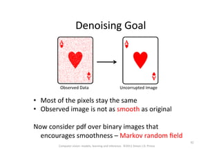 •  Most	
  of	
  the	
  pixels	
  stay	
  the	
  same	
  
•  Observed	
  image	
  is	
  not	
  as	
  smooth	
  as	
  original	
  
	
  
Now	
  consider	
  pdf	
  over	
  binary	
  images	
  that	
  
encourages	
  smoothness	
  –	
  Markov	
  random	
  ﬁeld	
  
92	
  
Computer	
  vision:	
  models,	
  learning	
  and	
  inference.	
  	
  ©2011	
  Simon	
  J.D.	
  Prince	
  
Denoising	
  Goal	
  
Observed	
  Data	
   Uncorrupted	
  Image	
  
 