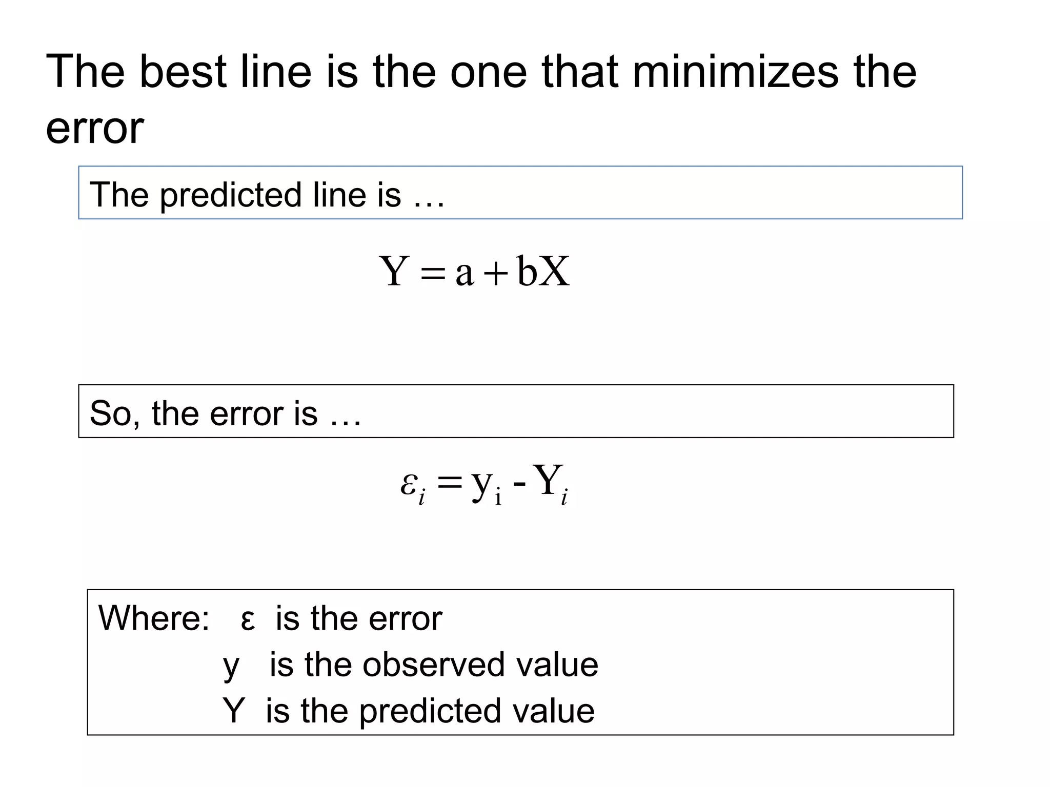 The best line is the one that minimizes the
error
  The predicted line is …

                       Y = a + bX


  So, the error is …
                        εi = y i - Yi


  Where: ε is the error
        y is the observed value
        Y is the predicted value
 
