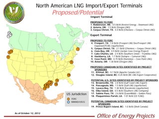 North American LNG Import/Export Terminals
                                       Proposed/Potential
                                                                  Import Terminal
                                                                  PROPOSED TO FERC
                                                                  1. Robbinston, ME: 0.5 Bcfd (Kestrel Energy - Downeast LNG)
                                                                  2. Astoria, OR: 1.5 Bcfd (Oregon LNG)
                                                                  3. Corpus Christi, TX: 0.4 Bcfd (Cheniere – Corpus Christi LNG)
 12
11
  19                                                              Export Terminal
                                                                  PROPOSED TO FERC
                                                                  4. Freeport, TX: 1.8 Bcfd (Freeport LNG Dev/Freeport LNG
                                                                      Expansion/FLNG Liquefaction)
                                                         1        5. Corpus Christi, TX: 2.1 Bcfd (Cheniere – Corpus Christi LNG)
 210                                                              6. Coos Bay, OR: 0.9 Bcfd (Jordan Cove Energy Project)
                                                                  7. Lake Charles, LA: 2.4 Bcfd (Southern Union - Trunkline LNG)
6                                                                 8. Hackberry, LA: 1.7 Bcfd (Sempra – Cameron LNG)
                                                                  9. Cove Point, MD: 0.75 Bcfd (Dominion – Cove Point LNG)
                                                     9            10. Astoria, OR: 1.30 Bcfd (Oregon LNG)

                                                                  PROPOSED CANADIAN SITES IDENTIFIED BY PROJECT
                                                                     SPONSORS
                                                                  11. Kitimat, BC: 0.7 Bcfd (Apache Canada Ltd.)
                                                16                12. Douglas Island, BC: 0.25 Bcfd (BC LNG Export Cooperative)

                                           14                     POTENTIAL U.S. SITES IDENTIFIED BY PROJECT SPONSORS
                                    17 7                          13. Brownsville, TX: 2.8 Bcfd (Gulf Coast LNG Export)
                                   4 8     18
                                3,515                             14. Pascagoula, MS: 1.5 Bcfd (Gulf LNG Liquefaction)
                                13                                15. Lavaca Bay, TX: 1.38 Bcfd (Excelerate Liquefaction)
                                                                  16. Elba Island, GA: 0.5 Bcfd (Southern LNG Company)
                                                US Jurisdiction   17. Sabine Pass, TX: 2.6 Bcfd (ExxonMobil – Golden Pass)
                                                                  18. Plaquemines Parish, LA: 1.07 Bcfd (CE FLNG)
                                                     FERC
                                                     MARAD/USCG   POTENTIAL CANADIAN SITES IDENTIFIED BY PROJECT
                                                                        SPONSORS
                                                                  19. Prince Rupert Island, BC: 1.0 Bcfd (Shell Canada)


       As of October 12, 2012
                                                                       Office of Energy Projects
 