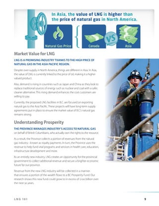 In Asia, the value of LNG is higher than
the price of natural gas in North America.

Natural Gas Price

Canada

Asia

Market Value for LNG
LNG IS A PROMISING INDUSTRY THANKS TO THE HIGH PRICE OF
NATURAL GAS IN THE ASIA PACIFIC REGION.
Despite over-supply in North America, things are different in Asia. In Asia,
the value of LNG is currently linked to the price of oil, making it a higher
valued product.
Also, demand is rising in countries such as Japan and China as they look to
replace traditional sources of energy such as nuclear and coal with a safer,
cleaner alternative. This rising demand enhances the cost customers are
willing to pay.
Currently, the proposed LNG facilities in B.C. are focused on exporting
natural gas to the Asia Pacific. These projects will have long-term supply
agreements put in place to ensure the market value of B.C.’s natural gas
remains strong.

Understanding Prosperity
THE PROVINCE MANAGES INDUSTRY’S ACCESS TO NATURAL GAS
on behalf of British Columbians, who actually own the rights to the resource.
As a result, the Province collects a portion of revenues from the natural
gas industry – known as royalty payments. In turn, the Province uses the
revenue to help fund vital programs and services in health care, education,
infrastructure development and more.
As an entirely new industry, LNG creates an opportunity for the provincial
government to collect additional revenue and secure a brighter economic
future for our province.
Revenue from the new LNG industry will be collected in a manner
that ensures a portion of the wealth flows to a BC Prosperity Fund. Our
research shows this new fund could grow to in excess of $100 billion over
the next 30 years.

LNG 101

9

 