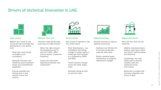 0
Copyright©2019byBostonConsultingGroup.Allrightsreserved.
Drivers of technical innovation in LNG
Find best trade-off between
scale and cost-effectiveness
What's the right sizing of
the liquefaction unit in
terms of CAPEX, OPEX,
time to market, production
flexibility?
Could micro and small
liquefaction become cost
competitive?
Gain license to operate in the
low carbon world
Plant Hybridization… use
renewables and energy
storage to replace partly o
totally gas-fired turbines
at a competitive CAPEX
and OPEX
Tackle methane escapes
across the whole supply
chain
Eliminate flaring at start-
up and shut down
Flexible solutions to capture
demand uncertainty
Hardware and software kit
to increase production
using the same asset
Online condition-based
maintenance to postpone
maintenance outages
Drive the next wave of cost
reduction
Additive manufacturing to
produce spare parts onsite
and reduce working capital
and downtime
Autonomous, low-cost
robots able to perform
complex tasks and
substitute human
intervention
Blockchain to enable safe
and easy integration and
access of data
Optimal train size Zero Emission Debottlenecking Digital Innovation
Realize next round of cost-
out by sharing knowledge and
optimizing at cross-system
level
Relax specs and remove
contingency over
contingency
Maximize efficiency and
reliability around standard
design and commoditized
equipment
Execute assembly and
testing work in yard
located in best-cost
country
Open Source
 