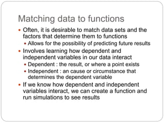 Matching data to functions
 Often, it is desirable to match data sets and the
factors that determine them to functions
 Allows for the possibility of predicting future results
 Involves learning how dependent and
independent variables in our data interact
 Dependent : the result, or where a point exists
 Independent : an cause or circumstance that
determines the dependent variable
 If we know how dependent and independent
variables interact, we can create a function and
run simulations to see results
 
