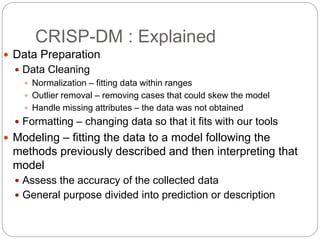 CRISP-DM : Explained
 Data Preparation
 Data Cleaning
 Normalization – fitting data within ranges
 Outlier removal – removing cases that could skew the model
 Handle missing attributes – the data was not obtained
 Formatting – changing data so that it fits with our tools
 Modeling – fitting the data to a model following the
methods previously described and then interpreting that
model
 Assess the accuracy of the collected data
 General purpose divided into prediction or description
 