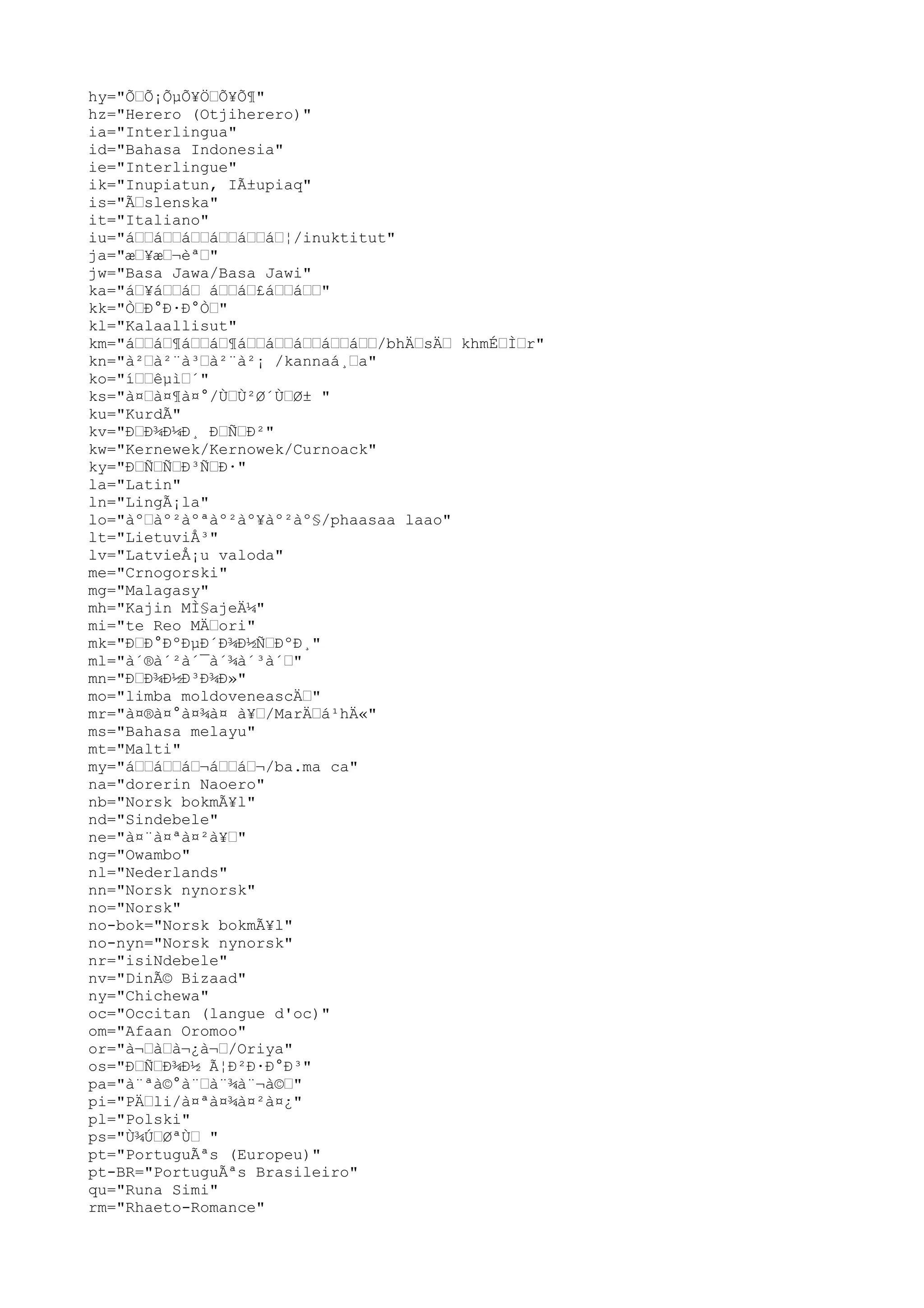 hy="ÕÕ¡ÕµÕ¥ÖÕ¥Õ¶"
hz="Herero (Otjiherero)"
ia="Interlingua"
id="Bahasa Indonesia"
ie="Interlingue"
ik="Inupiatun, IÃ±upiaq"
is="Ãslenska"
it="Italiano"
iu="áááááá¦/inuktitut"
ja="æ¥æ¬èª"
jw="Basa Jawa/Basa Jawi"
ka="á¥áá áá£áá"
kk="ÒÐ°Ð·Ð°Ò"
kl="Kalaallisut"
km="áá¶áá¶ááááá/bhÄsÄ khmÉÌr"
kn="à²à²¨à³à²¨à²¡ /kannaá¸a"
ko="íêµì´"
ks="à¤à¤¶à¤°/ÙÙ²Ø´ÙØ± "
ku="KurdÃ"
kv="ÐÐ¾Ð¼Ð¸ ÐÑÐ²"
kw="Kernewek/Kernowek/Curnoack"
ky="ÐÑÑÐ³ÑÐ·"
la="Latin"
ln="LingÃ¡la"
lo="àºàº²àºªàº²àº¥àº²àº§/phaasaa laao"
lt="LietuviÅ³"
lv="LatvieÅ¡u valoda"
me="Crnogorski"
mg="Malagasy"
mh="Kajin MÌ§ajeÄ¼"
mi="te Reo MÄori"
mk="ÐÐ°ÐºÐµÐ´Ð¾Ð½ÑÐºÐ¸"
ml="à´®à´²à´¯à´¾à´³à´"
mn="ÐÐ¾Ð½Ð³Ð¾Ð»"
mo="limba moldoveneascÄ"
mr="à¤®à¤°à¤¾à¤ à¥/MarÄá¹hÄ«"
ms="Bahasa melayu"
mt="Malti"
my="ááá¬áá¬/ba.ma ca"
na="dorerin Naoero"
nb="Norsk bokmÃ¥l"
nd="Sindebele"
ne="à¤¨à¤ªà¤²à¥"
ng="Owambo"
nl="Nederlands"
nn="Norsk nynorsk"
no="Norsk"
no-bok="Norsk bokmÃ¥l"
no-nyn="Norsk nynorsk"
nr="isiNdebele"
nv="DinÃ© Bizaad"
ny="Chichewa"
oc="Occitan (langue d'oc)"
om="Afaan Oromoo"
or="à¬àà¬¿à¬/Oriya"
os="ÐÑÐ¾Ð½ Ã¦Ð²Ð·Ð°Ð³"
pa="à¨ªà©°à¨à¨¾à¨¬à©"
pi="PÄli/à¤ªà¤¾à¤²à¤¿"
pl="Polski"
ps="Ù¾ÚØªÙ "
pt="PortuguÃªs (Europeu)"
pt-BR="PortuguÃªs Brasileiro"
qu="Runa Simi"
rm="Rhaeto-Romance"
 