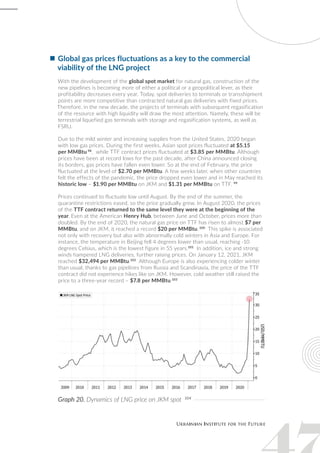 Global gas prices fluctuations as a key to the commercial
viability of the LNG project
With the development of the global spot market for natural gas, construction of the
new pipelines is becoming more of either a political or a geopolitical lever, as their
profitability decreases every year. Today, spot deliveries to terminals or transshipment
points are more competitive than contracted natural gas deliveries with fixed prices.
Therefore, in the new decade, the projects of terminals with subsequent regasification
of the resource with high liquidity will draw the most attention. Namely, these will be
terrestrial liquefied gas terminals with storage and regasification systems, as well as
FSRU.
Due to the mild winter and increasing supplies from the United States, 2020 began
with low gas prices. During the first weeks, Asian spot prices fluctuated at $5.15
per MMBtu 98
, while TTF contract prices fluctuated at $3.85 per MMBtu. Although
prices have been at record lows for the past decade, after China announced closing
its borders, gas prices have fallen even lower. So at the end of February, the price
fluctuated at the level of $2.70 per MMBtu. A few weeks later, when other countries
felt the effects of the pandemic, the price dropped even lower and in May reached its
historic low – $1.90 per MMBtu on JKM and $1.31 per MMBtu on TTF. 99
Prices continued to fluctuate low until August. By the end of the summer, the
quarantine restrictions eased, so the price gradually grew. In August 2020, the prices
of the TTF contract returned to the same level they were at the beginning of the
year. Even at the American Henry Hub, between June and October, prices more than
doubled. By the end of 2020, the natural gas price on TTF has risen to almost $7 per
MMBtu, and on JKM, it reached a record $20 per MMBtu. 100
This spike is associated
not only with recovery but also with abnormally cold winters in Asia and Europe. For
instance, the temperature in Beijing fell 4 degrees lower than usual, reaching -10
degrees Celsius, which is the lowest figure in 55 years.101
In addition, ice and strong
winds hampered LNG deliveries, further raising prices. On January 12, 2021, JKM
reached $32,494 per MMBtu.102
Although Europe is also experiencing colder winter
than usual, thanks to gas pipelines from Russia and Scandinavia, the price of the TTF
contract did not experience hikes like on JKM. However, cold weather still raised the
price to a three-year record – $7.8 per MMBtu.103
Graph 20. Dynamics of LNG price on JKM spot 104
 