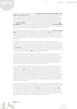 LNG import
Global LNG production is projected to increase from 362 million tons in 2020 to 381
million tons in 2021 (+5%). 105
The most significant increases will occur in the United
States, Australia, Egypt, and other countries due to low prices reduced production
during 2020. Even if demand in Asia remains high, these additional supplies should be
sufficient to ensure market balance throughout the year. According to Rystad Energy,
this is confirmed by the current substantial lag in the forward price of JKM, which is
about $6 per MMBtu for next summer. Asian spot prices are expected to fall to $3.4
per MMBtu during summer and assuming the normal winter grow to $5.3 per MMBtu
by the 4th quarter of 2021. 106
Under such circumstances, Ukraine has an appealing
opportunity to benefit from the flexibility of spot LNG prices.
The International Energy Agency predicts that LNG will become the main driver of gas
trade at least until 2025. Total trade volumes will increase by 21% compared to 2019
(before the pandemic). In addition, Europe is expected to continue to be the second-
largest importing region, after Asia. 107
This, in turn, will mean even easier and cheaper
access of Ukraine to LNG, in addition to the ability to load the transmission system and
gas storage.
The COVID-19 pandemic has forced many countries to impose a lockdown and
introduce quarantine restrictions nationwide. These restrictions have led to a decline in
production in countries and, consequently, a decrease in demand for fuel production.
IHS Markit in early 2020 found that as a result of the pandemic, oil demand would fall
by 3.8 million barrels per day for the first three months and even faster afterward. 108
At the same time, the space for oil storage will be reduced. As a result, the price of fuel
in March has already fallen by 20% compared to last year. 109
For countries like Saudi Arabia, where oil production is the primary source of income,
such a price decrease was catastrophic, and it was critical to reduce production
immediately. Although oil production in Venezuela, Libya, and Iran has already dropped
due to US sanctions and political instability, their relatively small production decrease
has been offset by increased production outside OPEC: the United States, Norway,
and Brazil. That is why on March 4, 2020, a meeting of OPEC, Russia, and other oil-
producing countries was convened to reduce production. 110
As the unofficial leader of OPEC, Saudi Arabia has insisted on reducing oil production,
even though it would reduce the already historically lowest share of OPEC in world
oil production – 35%. 111
Russia, which had previously been an ally of Saudi Arabia,
insisted that the issue needed further study and was reluctant to reduce production.
Russia was aware that it was lowering the price of its own product by abandoning
cooperation, but it prioritized a political motive of destroying American oil producers. In
addition, since joining the alliance with OPEC in 2017, Russia for three years had been
pushing Saudi Arabia to be the world’s largest oil exporter. So, Saudi Arabia would be
responsible for taking up the first steps for the inevitable reduction in oil production in
the face of decarbonization.
As for the first time in many years, American exports were seeing rapid growth; hence
Russia’s cooperation was vital for Saudi Arabia. On Friday, March 6, 2020, Russia finally
refused to cut oil production, provoking Saudi Arabia to start a price war. The next
day, Saudi Arabia cut oil export prices by 10%, causing Brent to fall by almost 25%
overnight. 112
Although this was not a devastating blow to Russia, it did much damage
to its allies, Venezuela and Iran. The United States, Nigeria, Angola, and Brazil were
also affected, as a decline in price had severe economic consequences. Even for Saudi
Arabia itself, this risky strategy has had negative consequences.
 