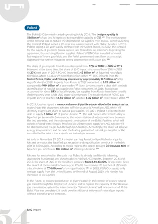 LNG import
Poland
The Polish LNG terminal started operating in July 2016. The design capacity is
5 billion m3
of gas and is expected to expand the capacity to 7.5. 125
The main purpose
of the terminal was to reduce the dependence on supplies from Russia. Before launching
the terminal, Poland signed a 20-year gas supply contract with Qatar. Besides, in 2018,
Poland signed a 20-year supply contract with the United States. In 2022, the contract
for the supply of gas from Russia expires, and Poland has no intentions to prolong the
agreement, thus refusing Russian supplies. Poland’s PGNiG has invested in several
Norwegian offshore gas fields, and the Polish government sees them as a strategic
opportunity to further reduce its strong dependence on Russian gas. 126
The share of gas imports from Russia decreased from 67% in 2018 to 60% in 2019.
However, at the same time, the share of LNG imports increased from 20% in 2018
to 23% next year. In 2019, PGNiG imported 3.43 billion m3
of liquefied natural gas
to Poland, which is a quarter more than a year earlier. 127
LNG imports from the
United States, Qatar, and Norway increased by approximately 0.7 billion m3
(after
regasification) in 2018. Imports from Russia in 2019 amounted to 8.95 billion m3
compared to 9.04 billion m3
a year earlier. 128
Such dynamics mark a clear shift towards
diversification of natural gas supplies to Polish consumers. In 2016, Russian gas
accounted for about 89% of total imports, but supplies from Russia have been steadily
declining every year while LNG imports have grown. The total volume of PGNiG gas
imports in 2019 reached 14.85 billion m3
, which is 1.32 billion m3
more than in 2018. 129
In 2019, Ukraine signed a memorandum on tripartite cooperation in the energy sector.
According to this document, Ukraine will have access to American LNG, which will
diversify a significant share of natural gas supplies. By 2021, Poland is expected to be
able to supply 6 billion m3
of gas to Ukraine. 130
This will happen after constructing a
liquefied gas terminal in Swinoujscie, the modernization of interconnections between
the two countries, and the subsequent construction of the Baltic Pipeline, which will
connect Poland with Norway. Provided an uninterrupted supply of LNG, Ukraine will
be able to develop its gas hub through UGS facilities. Accordingly, the state will achieve
energy independence and become the leading guaranteed natural gas supplier, or the
so-called buffer, which has a significant natural gas reserve.
As early as November 19, 2019, a vessel carrying American liquefied natural gas to
Ukraine arrived at the liquefied gas reception and regasification terminal in the Polish
port of Swinoujscie. According to media reports, the tanker brought 75 thousand tons of
liquefied gas, which was 100 million m3
after regasification. 131
Ukraine has embarked on the path that Poland is already confidently following,
abandoning Russian gas and dynamically increasing LNG imports. Between 2016 and
2018, the share of LNG in the structure increased from 8.5% to 20%, respectively. Since
the launch of the terminal in Swinoujscie, PGNIG has received 70 batches of LNG with
a total volume of 7.5 billion m3
after regasification. 132
In 2018, PGNIG accepted only
one gas supply from the United States; by the end of August 2019, this number had
increased to six supplies.
In the future, to expand cooperation in diversification in the context of ceased natural
gas transit through the territory of Ukraine, and to expand the capacity of the Ukrainian
gas transmission system the interconnector “Poland-Ukraine” will be constructed. If the
Baltic Pipe was completed, it could provide additional volumes of natural gas imports
without excessive price increases.
 