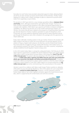 LNG import
Secondly, Iran and Turkey have provided substantial support to Qatar, allowing Qatari
aircraft to use their airspace to bypass Saudi Arabia and the Emirates. Thirdly, Turkey
deployed its military base in Qatar and began to play as a deterrent to prevent other
states from organizing a coup in Doha.
The situation in 2017 gave birth to a new strategic geopolitical alliance between Qatar
and Turkey, which, although existed before, got significantly stronger. Thanks to it,
both countries maintained their positions in the region and gained opportunities to
compete with neighbors. With Qatar's gas capacity and Turkey's transport and logistics
capabilities, the alliance has become one of the world's dominant gas markets. For
Ukraine, this means that all issues related to the prospects of importing Qatari liquefied
gas directly depend on Turkey's readiness and desire to open the Bosphorus strait.
Conversely, any issues related to obtaining Turkish permit to import liquefied natural
gas through the Bosphorus were often included in the package with the agreement to
import Qatari gas.
Today, Qatar still holds a leading position in the gas market. However, this situation will
likely change in the long run, given the recent discovery of new gas deposits on the
shelves of Cyprus, Egypt, Israel, Lebanon, the Red Sea, and the United Arab Emirates.
This means that the struggle for the gas market will intensify in the medium term, as
will competition between the Qatari-Turkish alliance and other countries, including the
already established Israeli-Egyptian-Cypriot energy union.
In the LNG market today, Qatar is among the undisputed leaders. On February 8, 2021,
Qatar signed an agreement to establish the North Field East Project, the world's largest
LNG project, which is projected to increase Qatar's LNG production from 77 to 110
million tons per year. The project will start operating in the 4th quarter of 2025. It will
consist of 4 LNG trains with a capacity of 8 million tons per year each, gas purification
plants, gas conversion into liquids, and helium processing infrastructure. In addition,
production will be accompanied by carbon capture systems so that the project will have
a minimum carbon footprint. From 2027, Qatar expects to increase production to 126
million tons per year due to the commissioning of the second phase of the project. 142
Ukraine's search for an alliance with Qatar could change Turkey's position on allowing
LNG tankers to pass through the Bosphorus. One of the options for such cooperation
could be a contract to import Qatari gas. However, a certain obstacle is that the
Turkish-Qatari alliance has a clear regional orientation against the Saudi-Emirati-Israeli
bloc, which is supported by the United States and some EU countries.
 