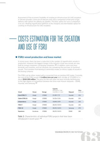 Assessment of the economic feasibility of creating an infrastructure for LNG reception
in Ukraine provides a forecast of relevant costs and a comparison of the price of gas
delivery with options for delivery by pipeline. The basic option for such a comparison
is to use a floating regasification platform as the cheapest and intermediate option for
creating an infrastructure for LNG reception.
Costsestimationforthecreation
anduseofFSRU
FSRU vessel production and lease market
In recent years, there has been a reduction in the number of regasification vessels in
production. However, the biggest change in the industry is that new vessels are now
built by energy companies, not leasing companies. 148
In addition, more and more
terminals and countries, such as Lithuania, are considering the purchase of chartered
vessels. This transition from leasing to ownership creates an excess supply of vessels in
the leasing company.
The FSRU can be either newly built or converted from an existing LNG tanker. Currently,
the cost of the FSRU vessel of 6 million tons per year (with storage of 173,000 m3
) is
about $240-280 million. The price for the new ships has been recently declining due
to the high degree of competition between the three main Korean shipyards – DSME,
Hyundai, and Samsung. 149
Table 3. Characteristics of individual FSRU projects that have been
introduced in recent years 150
 