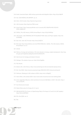 LNG import
158.	Nordic Investment Bank, «NIB continues partnership with Klaipėdos Nafta»: https://bit.ly/3ltleFR
159.	 IGU, «2019 WORLD LNG REPORT», op. cit.
160.	Chart: LNG Hrvatska: https://lng.hr/en/lng-terminal
161.	LNG Hrvatska: https://lng.hr/en/FSRU-vessel
162.	Vessel Finder: https://www.vesselfinder.com/ru/vessels/LNG-CROATIA-IMO-9256767-
MMSI-538006747
163.	GIIGNL, «The LNG industry; GIIGNL Annual Report»: https://bit.ly/3rNN3ep
164.	LNG Croatia, «LNG TERMINAL ON THE ISLAND OF KRK; Status and Project Update»: https://bit.
ly/2Q2b8jy
165.	Etki Liman, «Etki LNG Terminal»: https://bit.ly/3eXEZ7t
166.	Etki Liman: http://www.etkiliman.com.tr/en/FSRU/FSRU.html ; GIIGNL, «The LNG industry; GIIGNL
Annual Report», op. cit.
167.	 Ukrstat
168.	Ministry of energy and coal industry, «The main indicators of energy complex development»: http://mpe.
kmu.gov.ua/minugol/doccatalog/document?id=245416376
169.	 State Service for Geology and Subsoil of Ukraine
170.	Naftogaz, «The volumes of gas use»: https://bit.ly/3bgtBkx
171.	TSO Ukraine
172.	Adriatic LNG, «LNG History»: https://www.adriaticlng.it/en/the-terminal/why-lng/lng-history
173.	IEA, «Gas 2020»: https://www.iea.org/reports/gas-2020/2021-2025-rebound-and-beyond
174.	McKinsey, «Global gas & LNG outlook to 2035»: https://mck.co/3bg5ItC
175.	Shell, «SHELL LNG Outlook 2020»: https://www.shell.com/promos/overview-shell-lng-2020.
176.	Jessica Jaganathan (Reuters), «LNG investments hit record of $50 billion in 2019 - IEA chief»: https://
reut.rs/3uTouP0
177.	Gas Infrastructure Europe
178.	Market Observatory for Energy, Vol. 12, op.cit.
179.	 ERIN BLANTON (The Center on Global Energy Policy) «The Impact of Covid-19 on LNG Supplies»:
https://bit.ly/3uWPWeG
180.	IEA, «Gas 2020», op. cit
181.	Ibid.
 