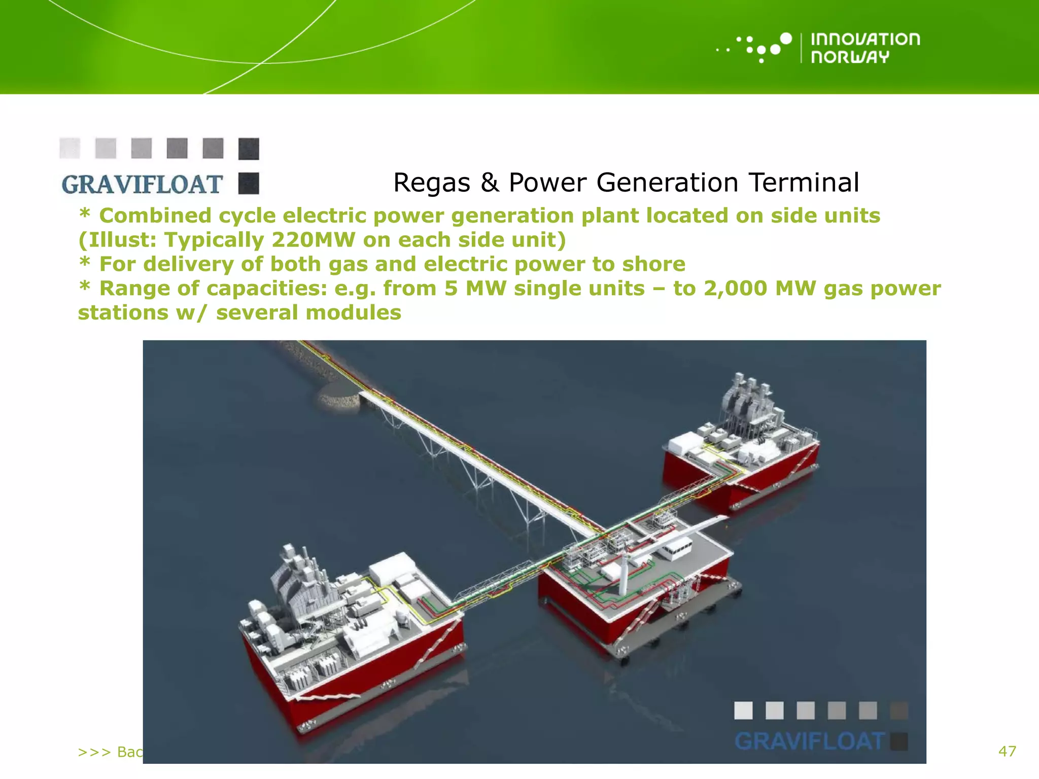 >>> Back to index
* Combined cycle electric power generation plant located on side units
(Illust: Typically 220MW on each side unit)
* For delivery of both gas and electric power to shore
* Range of capacities: e.g. from 5 MW single units – to 2,000 MW gas power
stations w/ several modules
47
Regas & Power Generation Terminal
 