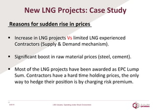  
New	
  LNG	
  Projects:	
  Case	
  Study	
  	
  
	
  	
  
	
  Reasons	
  for	
  sudden	
  rise	
  in	
  prices	
  	
  
	
  	
  
§  Increase	
  in	
  LNG	
  projects	
  Vs	
  limited	
  LNG	
  experienced	
  
Contractors	
  (Supply	
  &	
  Demand	
  mechanism).	
  
	
  
§  Signiﬁcant	
  boost	
  in	
  raw	
  material	
  prices	
  (steel,	
  cement).	
  
	
  
§  Most	
  of	
  the	
  LNG	
  projects	
  have	
  been	
  awarded	
  as	
  EPC	
  Lump	
  
Sum.	
  Contractors	
  have	
  a	
  hard	
  8me	
  holding	
  prices,	
  the	
  only	
  
way	
  to	
  hedge	
  their	
  posi8on	
  is	
  by	
  charging	
  risk	
  premium.	
  
	
  
6/25/16
10	
  
LNG Industry: Operating Under Shock Environment
 