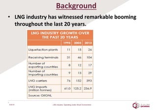 Background	
  
•  LNG	
  industry	
  has	
  witnessed	
  remarkable	
  booming	
  
throughout	
  the	
  last	
  20	
  years.	
  
	
  
	
  
	
  
	
  
	
  
	
  
	
  
6/25/16
2	
  
LNG Industry: Operating Under Shock Environment
 