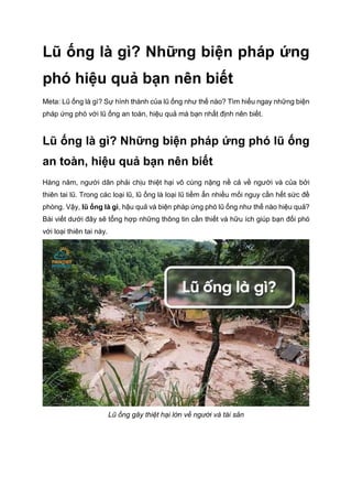 Lũ ống là gì? Những biện pháp ứng
phó hiệu quả bạn nên biết
Meta: Lũ ống là gì? Sự hình thành của lũ ống như thế nào? Tìm hiểu ngay những biện
pháp ứng phó với lũ ống an toàn, hiệu quả mà bạn nhất định nên biết.
Lũ ống là gì? Những biện pháp ứng phó lũ ống
an toàn, hiệu quả bạn nên biết
Hàng năm, người dân phải chịu thiệt hại vô cùng nặng nề cả về người và của bởi
thiên tai lũ. Trong các loại lũ, lũ ống là loại lũ tiềm ẩn nhiều mối nguy cần hết sức đề
phòng. Vậy, lũ ống là gì, hậu quả và biện pháp ứng phó lũ ống như thế nào hiệu quả?
Bài viết dưới đây sẽ tổng hợp những thông tin cần thiết và hữu ích giúp bạn đối phó
với loại thiên tai này.
Lũ ống gây thiệt hại lớn về người và tài sản
 