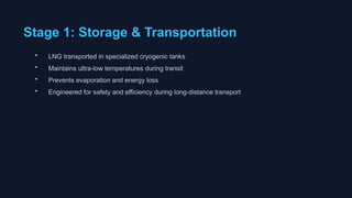 Stage 1: Storage & Transportation
• LNG transported in specialized cryogenic tanks
• Maintains ultra-low temperatures during transit
• Prevents evaporation and energy loss
• Engineered for safety and efficiency during long-distance transport
 