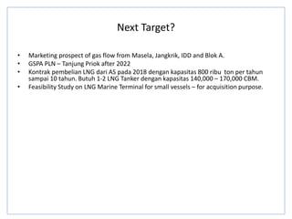 Next Target?
• Marketing prospect of gas flow from Masela, Jangkrik, IDD and Blok A.
• GSPA PLN – Tanjung Priok after 2022
• Kontrak pembelian LNG dari AS pada 2018 dengan kapasitas 800 ribu ton per tahun
sampai 10 tahun. Butuh 1-2 LNG Tanker dengan kapasitas 140,000 – 170,000 CBM.
• Feasibility Study on LNG Marine Terminal for small vessels – for acquisition purpose.
 
