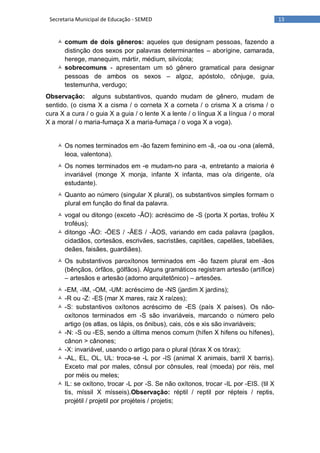 13Secretaria Municipal de Educação - SEMED
 comum de dois gêneros: aqueles que designam pessoas, fazendo a
distinção dos sexos por palavras determinantes – aborígine, camarada,
herege, manequim, mártir, médium, silvícola;
 sobrecomuns - apresentam um só gênero gramatical para designar
pessoas de ambos os sexos – algoz, apóstolo, cônjuge, guia,
testemunha, verdugo;
Observação: alguns substantivos, quando mudam de gênero, mudam de
sentido. (o cisma X a cisma / o corneta X a corneta / o crisma X a crisma / o
cura X a cura / o guia X a guia / o lente X a lente / o língua X a língua / o moral
X a moral / o maria-fumaça X a maria-fumaça / o voga X a voga).
 Os nomes terminados em -ão fazem feminino em -ã, -oa ou -ona (alemã,
leoa, valentona).
 Os nomes terminados em -e mudam-no para -a, entretanto a maioria é
invariável (monge X monja, infante X infanta, mas o/a dirigente, o/a
estudante).
 Quanto ao número (singular X plural), os substantivos simples formam o
plural em função do final da palavra.
 vogal ou ditongo (exceto -ÃO): acréscimo de -S (porta X portas, troféu X
troféus);
 ditongo -ÃO: -ÕES / -ÃES / -ÃOS, variando em cada palavra (pagãos,
cidadãos, cortesãos, escrivães, sacristães, capitães, capelães, tabeliães,
deães, faisães, guardiães).
 Os substantivos paroxítonos terminados em -ão fazem plural em -ãos
(bênçãos, órfãos, gólfãos). Alguns gramáticos registram artesão (artífice)
– artesãos e artesão (adorno arquitetônico) – artesões.
 -EM, -IM, -OM, -UM: acréscimo de -NS (jardim X jardins);
 -R ou -Z: -ES (mar X mares, raiz X raízes);
 -S: substantivos oxítonos acréscimo de -ES (país X países). Os não-
oxítonos terminados em -S são invariáveis, marcando o número pelo
artigo (os atlas, os lápis, os ônibus), cais, cós e xis são invariáveis;
 -N: -S ou -ES, sendo a última menos comum (hífen X hifens ou hífenes),
cânon > cânones;
 -X: invariável, usando o artigo para o plural (tórax X os tórax);
 -AL, EL, OL, UL: troca-se -L por -IS (animal X animais, barril X barris).
Exceto mal por males, cônsul por cônsules, real (moeda) por réis, mel
por méis ou meles;
 IL: se oxítono, trocar -L por -S. Se não oxítonos, trocar -IL por -EIS. (til X
tis, míssil X mísseis).Observação: réptil / reptil por répteis / reptis,
projétil / projetil por projéteis / projetis;
 