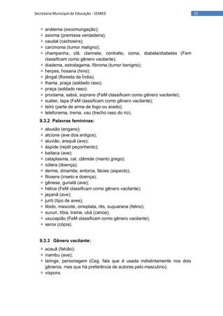 15Secretaria Municipal de Educação - SEMED
 anátema (excomungação);
 axioma (premissa verdadeira);
 caudal (cachoeira);
 carcinoma (tumor maligno);
 champanha, clã, clarinete, contralto, coma, diabete/diabetes (Fem
classificam como gênero vacilante);
 diadema, estratagema, fibroma (tumor benigno);
 herpes, hosana (hino);
 jângal (floresta da Índia);
 lhama, praça (soldado raso);
 praça (soldado raso);
 proclama, sabiá, soprano (FeM classificam como gênero vacilante);
 suéter, tapa (FeM classificam como gênero vacilante);
 teiró (parte de arma de fogo ou arado);
 telefonema, trema, vau (trecho raso do rio).
9.3.2 Palavras femininas:
 abusão (engano);
 alcíone (ave doa antigos);
 aluvião, araquã (ave);
 áspide (reptil peçonhento);
 baitaca (ave);
 cataplasma, cal, clâmide (manto grego);
 cólera (doença);
 derme, dinamite, entorce, fácies (aspecto);
 filoxera (inseto e doença);
 gênese, guriatã (ave);
 hélice (FeM classificam como gênero vacilante);
 jaçanã (ave);
 juriti (tipo de aves);
 libido, mascote, omoplata, rês, suçuarana (felino);
 sucuri, tíbia, trama, ubá (canoa);
 usucapião (FeM classificam como gênero vacilante);
 xerox (cópia).
9.3.3 Gênero vacilante:
 acauã (falcão);
 inambu (ave);
 laringe, personagem (Ceg. fala que é usada indistintamente nos dois
gêneros, mas que há preferência de autores pelo masculino);
 víspora.
 