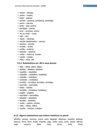 17Secretaria Municipal de Educação - SEMED
 oficial – oficiala;
 padre – madre;
 papa – papisa;
 pardal – pardoca, pardaloca, pardaleja;
 parvo – párvoa;
 peão – peã, peona;
 perdigão – perdiz;
 prior – prioresa, priora;
 mu ou mulo – mula;
 rajá – rani;
 rapaz – rapariga;
 rascão (desleixado) – rascoa;
 sandeu – sandia;
 sintrão – sintrã;
 sultão – sultana;
 tabaréu – tabaroa;
 varão – matrona, mulher;
 veado – veada;
 vilão – viloa, vilã.
9.3.4 Substantivos em -ÃO e seus plurais:
 alão – alões, alãos, alães;
 aldeão – aldeãos, aldeões;
 capelão – capelães;
 castelão – castelãos, castelões;
 cidadão – cidadãos;
 cortesão – cortesãos;
 ermitão – ermitões, ermitãos, ermitães;
 escrivão – escrivães;
 folião – foliões;
 hortelão – hortelões, hortelãos;
 pagão – pagãos;
 sacristão – sacristães;
 tabelião – tabeliães;
 tecelão – tecelões;
 verão – verãos, verões;
 vilão – vilões, vilãos;
 vulcão – vulcões, vulcãos.
9.3.5 Alguns substantivos que sofrem metafonia no plural:
abrolho, caroço, corcovo, corvo, coro, despojo, destroço, escolho, esforço,
estorvo, forno, forro, fosso, imposto, jogo, miolo, poço, porto, posto, reforço,
rogo, socorro, tijolo, toco, torno, torto, troco.
 