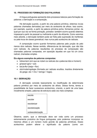 18Secretaria Municipal de Educação - SEMED
10. PROCESSO DE FORMAÇÃO DAS PALAVRAS
A língua portuguesa apresenta dois processos básicos para formação de
palavras: a derivação e a composição.
Há derivação quando, a partir de uma palavra primitiva, obtemos novas
palavras chamadas derivadas) por meio do acréscimo de afixos. Isso ocorre,
por exemplo, quando, a partir da palavra primitiva piche, formamos pichar, da
qual por sua vez se forma pichação, pichador; também ocorre quando obtemos
impessoal a partir de pessoal ou ineficiente a partir de eficiente. Como veremos
mais adiante, a derivação também pode ser feita pela supressão de morfemas
ou pela troca de classe gramatical, mas nunca pelo acréscimo de radicais.
A composição ocorre quando formamos palavras pela junção de pelo
menos dois radicais. Nesse sentido, diferencia-se da derivação, que não lida
com radicais. As palavras resultantes do processo de composição são
chamadas palavras compostas, em oposição àquelas em que há um único
radical, chamadas simples.
Eis alguns exemplos de palavras compostas:
 lobisomem (em que se notam os radicais da s palavras lobo e homem)
 girassol (gira + sol)
 beiJa-flor (beija + flor)
 otorrinolaringologia (formada por radicais eruditos, trazidos diretamente
do grego: oto + rino + laringo + logia).
10.1 DERIVAÇÃO
A derivação consiste basicamente na modificação de determinada
palavra primitiva por meio do acréscimo de afixos. Dessa forma, temos a
possibilidade de fazer sucessivos acréscimos, criando, a partir de uma base
inicialmente simples, palavras de estrutura cada vez mais complexa:
escola
escolar
escolarizar
escolarização
subescolarização
Observe, assim, que a derivação deve ser vista como um processo
extremamente produtivo da língua portuguesa, pois podemos incorporar os
mesmos afixos a um número muito grande de palavras primitivas. Esses
acréscimos podem alterar o significado da palavra (como em
 