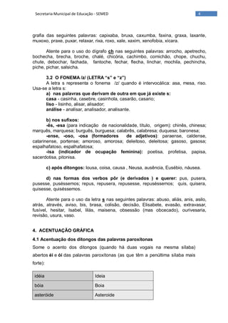 4Secretaria Municipal de Educação - SEMED
grafia das seguintes palavras: capixaba, bruxa, caxumba, faxina, graxa, laxante,
muxoxo, praxe, puxar, relaxar, rixa, roxo, xale, xaxim, xenofobia, xícara.
Atente para o uso do dígrafo ch nas seguintes palavras: arrocho, apetrecho,
bochecha, brecha, broche, chalé, chicória, cachimbo, comichão, chope, chuchu,
chute, debochar, fachada, fantoche, fechar, flecha, linchar, mochila, pechincha,
piche, pichar, salsicha.
3.2 O FONEMA /z/ (LETRA “s” e “z”)
A letra s representa o fonema /z/ quando é intervocálica: asa, mesa, riso.
Usa-se a letra s:
a) nas palavras que derivam de outra em que já existe s:
casa - casinha, casebre, casinhola, casarão, casario;
liso - lisinho, alisar, alisador;
análise - analisar, analisador, analisante.
b) nos sufixos:
-ês, -esa (para indicação de nacionalidade, título, origem): chinês, chinesa;
marquês, marquesa; burguês, burguesa; calabrês, calabresa; duquesa; baronesa;
-ense, -oso, -osa (formadores de adjetivos): paraense, caldense,
catarinense, portense; amoroso, amorosa; deleitoso, deleitosa; gasoso, gasosa;
espalhafatoso, espalhafatosa;
-isa (indicador de ocupação feminina): poetisa, profetisa, papisa,
sacerdotisa, pitonisa.
c) após ditongos: lousa, coisa, causa , Neusa, ausência, Eusébio, náusea.
d) nas formas dos verbos pôr (e derivados ) e querer: pus, pusera,
pusesse, puséssemos; repus, repusera, repusesse, repuséssemos; quis, quisera,
quisesse, quiséssemos.
Atente para o uso da letra s nas seguintes palavras: abuso, aliás, anis, asilo,
atrás, através, aviso, bis, brasa, colisão, decisão, Elisabete, evasão, extravasar,
fusível, hesitar, Isabel, lilás, maisena, obsessão (mas obcecado), ourivesaria,
revisão, usura, vaso.
4. ACENTUAÇÃO GRÁFICA
4.1 Acentuação dos ditongos das palavras paroxítonas
Some o acento dos ditongos (quando há duas vogais na mesma sílaba)
abertos éi e ói das palavras paroxítonas (as que têm a penúltima sílaba mais
forte):
idéia Ideia
bóia Boia
asteróide Asteroide
 