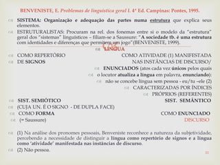 
 SISTEMA: Organização e adequação das partes numa estrutura que explica seus
elementos.
 ESTRUTURALISTAS: Procuram na rel. dos fonemas entre si o modelo da “estrutura”
geral dos “sistemas” linguísticos – filiam-se a Saussure: “A sociedade tb. é uma estrutura
com identidades e diferenças que permitem um jogo”(BENVENISTE, 1999).
 LÍNGUA
 COMO REPERTÓRIO COMO ATIVIDADE (1) MANIFESTADA
 DE SIGNOS NAS INSTÂNCIAS DE DISCURSO/
 ENUNCIADOS (atos cada vez únicos pelos quais
 o locutor atualiza a língua em palavra, enunciando):
 não se concebe língua sem pessoa - eu/tu –ele (2)
 CARACTERIZADAS POR ÍNDICES
 PRÓPRIOS (REFERENTES)
 SIST. SEMIÓTICO SIST. SEMÂNTICO
 (CUJA UN. É O SIGNO - DE DUPLA FACE)
 COMO FORMA COMO ENUNCIADO
 (= Saussure) DISCURSO
 (1) Na análise dos pronomes pessoais, Benveniste reconhece a natureza da subjetividade,
percebendo a necessidade de distinguir a língua como repertório de signos e a língua
como ‘atividade’ manifestada nas instâncias de discurso.
 (2) Não pessoa.
11
BENVENISTE, E. Problemas de linguística geral I. 4ª Ed. Campinas: Pontes, 1995.
 