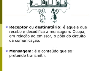 Receptor ou destinatário: é aquele que
recebe e decodifica a mensagem. Ocupa,
em relação ao emissor, o pólo do circuito
da comunicação.
Mensagem: é o conteúdo que se
pretende transmitir.

 