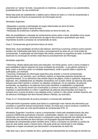 preencher os “vazios” do texto, recuperando os implícitos, os pressupostos e os subentendidos,
possibilitando-lhe “ler nas entrelinhas”.
Nesta fase pode ser estabelecido o objetivo para a leitura do texto e o nível de compreensão a
ser alcançado ao final do processamento da informação escrita.
Atividades Sugeridas:
• Respostas a quizzes e participação em jogos relacionados ao tema do texto.
• Perguntas gerais sobre o tema do texto.
• Resolução de problemas e desafios relacionados ao tema do texto, etc.
Além de possibilitarem a ativação de conhecimento prévio sobre o tema, atividades como essas
contribuem também para o levantamento de alguns itens lexicais e gramaticais que serão
importantes durante o processo de compreensão do texto.
Fase 2: Compreensão geral (primeira leitura do texto)
Nesta fase, duas estratégias de leitura são básicas: skimming e scanning, embora outras possam
também ser mobilizadas pelo leitor durante o processamento do texto em um nível amplo de
compreensão. A exploração da informação não-verbal, presente na superfície do texto, é também
essencial na construção do sentido nesta fase do processamento da informação.
Atividades sugeridas:
• Skimming: olhada rápida pelo texto para descobrir, em linhas gerais, como o tema é tratado e
para estabelecer alguns aspectos de suas condições de produção - a que gênero pertence o
texto, quem o escreveu (autor ou entidade responsável), onde e quando (data e suporte de
publicação), por exemplo.
• Scanning: localização de informação específica para ampliar o nível de compreensão.
Recomenda-se, por exemplo, que o professor explore os seguintes aspectos presentes na
superfície textual: (1) os elementos não-verbais (layout da página, títulos e subtítulos, diagramas,
legendas, etc), estabelecendo as relações necessárias com a parte verbal; (2) algumas das pistas
textuais para inferir sentido e construir as relações contextuais; (3) os cognatos, as palavras
conhecidas, as repetidas e as palavras-chave para identificar e estabelecer a progressão
temática, etc. Os alunos devem ser incentivados a construir os sentidos explícitos, a recuperar os
implícitos e subentendidos e a inferir o significado de palavras desconhecidas com base no
contexto e/ou no tema do texto e nas relações entre o verbal e o não-verbal, também fazendo uso
da estrutura morfológica dos itens lexicais (afixos e flexões, por exemplo).
Fases 3 e 4: Compreensão de pontos principais e compreensão detalhada
Particularmente importante nestas duas fases é a exploração mais intensa dos elementos que
compõem a superfície textual (componente verbal), de modo que o aluno construa o sentido do
texto em níveis cada vez mais aprofundados de compreensão (FIG. 3).
Atividades Sugeridas: Incentivar o aluno a compreender o texto pelo estabelecimento dos elos
coesivos (referências gramaticais e lexicais, substituições, elipses, etc.), pela construção de
inferências com base em pistas textuais e contextuais e pela compreensão dos efeitos de sentido
decorrentes das escolhas de itens lexicais e de linguagem figurada feitas pelo autor. As
atividades de compreensão podem também levar o aluno a comparar as opiniões ou pontos de
vista em dois textos sobre o mesmo tema. Ele pode ainda ser incentivado a criar tabelas,
diagramas e mapas conceituais que demonstrem compreensão do texto lido.
Vale dizer que o aluno mantém-se ativo, participando intensamente da construção do sentido do
 