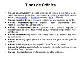 Tipos de CrônicaCrônica Descritiva:ocorre quando uma crônica explora a caracterização de seres animados e inanimados num espaço, viva como uma pintura, precisa como uma fotografia ou dinâmica como um filme publicado.Crônica Narrativa:tem por eixo uma história, o que a aproxima do conto. Crônica Dissertativa:opinião explícita, com argumentos mais "sentimentalistas" do que "racionais“.Crônica Narrativo-Descritiva:é quando uma crônica explora a caracterização de seres, descrevendo-os. E, ao mesmo tempo mostra fatos cotidianos.Crônica Humorística:apresenta uma visão irônica ou cômica dos fatos apresentados.Crônica Lírica:linguagem poética e metafórica. No geral as emoções do escritor.Crônica Poética:apresenta versos poéticos em forma de crônica.Crônica Jornalística:apresentação de aspectos particulares de noticias ou fatos sobre fatos cotidianos.Crônica Histórica:Baseada em fatos reais, ou fatos históricos.