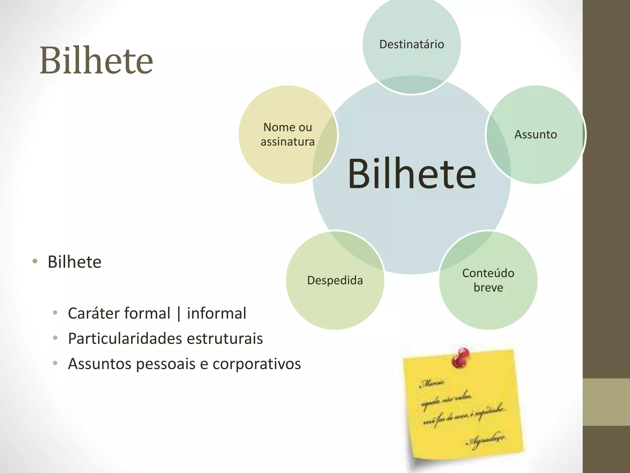 Bilhete 
• Bilhete 
Nome ou 
assinatura 
• Caráter formal | informal 
• Particularidades estruturais 
• Assuntos pessoais e corporativos 
Destinatário 
Bilhete 
Assunto 
Conteúdo 
breve 
Despedida 
 
