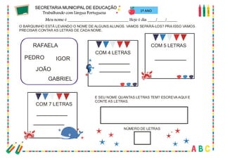 23
O BARQUINHO ESTÁ LEVANDO O NOME DE ALGUNS ALUNOS. VAMOS SEPARÁ-LOS? PRA ISSO VAMOS
PRECISAR CONTAR AS LETRAS DE CADA NOME.
RAFAELA
PEDRO
JOÃO
IGOR
GABRIEL
COM 4 LETRAS
COM 5 LETRAS
COM 7 LETRAS
E SEU NOME QUANTAS LETRAS TEM? ESCREVAAQUI E
CONTE AS LETRAS.
NÚMERO DE LETRAS
1º ANO
 
