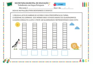 56
1º ANO
SIGAAS INSTRUÇÕES PARA MONTARMOS O GRÁFICO.
1) RELEIAA LISTA DE ANIMAIS DE ACORDO COM A PREFERÊNCIA DA TURMA.
2) DESENHE AS CARINHAS DOS ANIMAIS MAIS VOTADOS ABAIXO DO QUADRADINHOS.
3) AGORA CONSULTE A LISTA E PINTE UM QUADRADINHO REPRESENTANDO CADA VOTO.
 