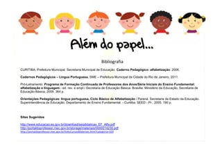 16
Bibliografia
CURITIBA. Prefeitura Municipal. Secretaria Municipal de Educação. Caderno Pedagógico: alfabetização. 2006.
Cadernos Pedagógicos – Língua Portuguesa. SME – Prefeitura Municipal da Cidade do Rio de Janeiro, 2011.
Pró-Letramento: Programa de Formação Continuada de Professores dos Anos/Série Iniciais do Ensino Fundamental:
alfabetização e linguagem.- ed. rev. e ampl./ Secretaria de Educação Básica- Brasília: Ministério da Educação, Secretaria de
Educação Básica, 2008. 364 p.
Orientações Pedagógicas: língua portuguesa, Ciclo Básico de Alfabetização / Paraná. Secretaria de Estado da Educação.
Superintendência da Educação. Departamento de Ensino Fundamental. - Curitiba. SEED - Pr., 2005. 190 p.
Sites Sugeridos
http://www.educacao.es.gov.br/download/seqdidaticas_EF_Alfa.pdf
http://portaldoprofessor.mec.gov.br/storage/materiais/0000014230.pdf
http://portaldoprofessor.mec.gov.br/linksCursosMateriais.html?categoria=320
 