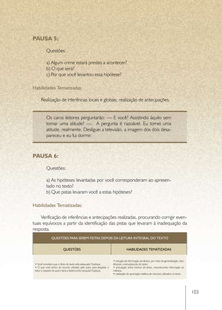 PAUSA 5:

           Questões:

           a) Algum crime estará prestes a acontecer?
           b) O que será?
           c) Por que você levantou essa hipótese?

Habilidades Tematizadas:

      Realização de inferências locais e globais; realização de antecipações.


           Os caros leitores perguntarão: — E você? Assistindo àquilo sem
           tomar uma atitude? —. A pergunta é razoável. Eu tomei uma
           atitude, realmente. Desliguei a televisão, a imagem dos dois desa-
           pareceu e eu fui dormir.



PAUSA 6:

           Questões:

           a) As hipóteses levantadas por você corresponderam ao apresen-
           tado no texto?
           b) Que pistas levaram você a estas hipóteses?

Habilidades Tematizadas:

     Verificação de inferências e antecipações realizadas, procurando corrigir even-
tuais equívocos a partir da identificação das pistas que levaram à inadequação da
resposta.
               QUESTÕES PARA SEREM FEITAS DEPOIS DA LEITURA INTEGRAL DO TEXTO


                          questões                                                 HABILIDADES tematizadas


                                                                       • redução de informação semântica, por meio de generalização, iden-
 • Você considera que o título do texto está adequado? Explique.       tificando o tema/assunto do texto;
 • O que você achou do recurso utilizado pelo autor para despistar o   • articulação entre trechos do texto, reconstruindo informação se-
 leitor a respeito de quem seria a testemunha tranquila? Explique.     mântica;
                                                                       • realização de apreciação estética de recursos utilizados no texto.




                                                                                                                                              103
 