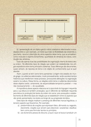 b)	 apresentação de um tópico geral e vários subtópicos relacionados e enca-
deados entre si: por exemplo, um texto que trate da flexibilidade das serpentes e,
para tanto, recorra à descrição de vários aspectos desse tema, que se encadeiam,
como músculos e espinha dorsal fortes, quantidade de vértebras da coluna, cons-
tituição das vértebras.
      Essas são apenas duas das possibilidades de organização interna de textos des-
sa ordem. Há diferentes tipos de relação que podem ser estabelecidas nos arti-
gos expositivos entre tema principal e subtemas. Essas diferenças são decorrentes,
quase sempre, da natureza do tema e do objeto de conhecimento que se quer
abordar.
      Assim, quando se tem como tema apresentar a origem dos estados do mun-
do grego, os subtemas selecionados, muito provavelmente, serão acontecimentos
históricos que interferiram nesse processo, provocando alterações na organização
social e na cultura. Dessa forma, as relações entre tema e subtemas decorrentes
desse objetivo serão, certamente, de sequencialidade temporal e possível — mas
não necessariamente — de causalidade.
      A importância desse aspecto relaciona-se à capacidade de linguagem requerida
para a sua leitura (e também produção), que é diferente da habilidade requerida
para leitura (e produção) de textos da ordem do narrar, pois pressupõe o estabe-
lecimento de diferentes tipos de relação que se estabelecem entre os aspectos que
vão sendo apresentados nos textos ao longo de sua progressão temática.
      Estes tipos de relação implicam a presença de diferentes marcas linguísticas, o
terceiro aspecto que focaremos. Por exemplo:
       a)	 predominância de orações que expressam fatos, afirmando ou negando,
           claramente, orações que servem para descrever, caracterizar, classificar,
           bem como para formular teorias ou princípios;
       b)	 uso da terceira pessoa do discurso, já que o que se busca é produzir um


                                                                                        35
 