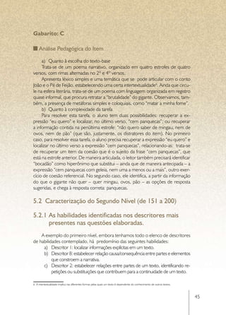 Gabarito: C

    Análise Pedagógica do Item

     a)	 Quanto à escolha do texto-base
     Trata-se de um poema narrativo, organizado em quatro estrofes de quatro
versos, com rimas alternadas no 2º e 4º versos.
     Apresenta léxico simples e uma temática que se pode articular com o conto
João e o Pé de Feijão, estabelecendo uma certa intertextualidade6. Ainda que circu-
le na esfera literária, trata-se de um poema com linguagem organizada em registro
quase informal, que procura retratar a “brutalidade” do gigante. Observamos, tam-
bém, a presença de metáforas simples e coloquiais, como “matar a minha fome”.
     b)	 Quanto à complexidade da tarefa
     Para resolver esta tarefa, o aluno tem duas possibilidades: recuperar a ex-
pressão “eu quero” e localizar, no último verso, “cem panquecas”; ou recuperar
a informação contida na penúltima estrofe: “não quero saber de mingau, nem de
ovos, nem de pão” (que são, justamente, os distratores do item). No primeiro
caso, para resolver essa tarefa, o aluno precisa recuperar a expressão “eu quero” e
localizar no último verso a expressão “cem panquecas”, relacionando-as: trata-se
de recuperar um item da coesão que é o sujeito da frase “cem panquecas”, que
está na estrofe anterior. De maneira articulada, o leitor também precisará identificar
“bocadão” como hiperônimo que substitui – ainda que de maneira antecipada – a
expressão “cem panquecas com geleia, nem uma a menos ou a mais”, outro exer-
cício de coesão referencial. No segundo caso, ele identifica, a partir da informação
do que o gigante não quer – quer mingau, ovos, pão – as opções de resposta
sugeridas, e chega à resposta correta: panquecas.

5.2	 Caracterização do Segundo Nível (de 151 a 200)

5.2.1	As habilidades identificadas nos descritores mais
      presentes nas questões elaboradas.
    A exemplo do primeiro nível, embora tenhamos todo o elenco de descritores
de habilidades contemplado, há predomínio das seguintes habilidades:
     a)	 Descritor 1: localizar informações explícitas em um texto.
     b)	 Descritor 8: estabelecer relação causa/consequência entre partes e elementos
          que constroem a narrativa.
     c)	 Descritor 2: estabelecer relações entre partes de um texto, identificando re-
          petições ou substituições que contribuem para a continuidade de um texto.

6 A intertextualidade implica nas diferentes formas pelas quais um texto é dependente do conhecimento de outros textos.



                                                                                                                          45
 
